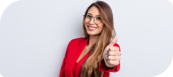 A female loan consultant smiling while showing a thumbs up, representing 1-Cash’s steadfastness as a licensed loan company