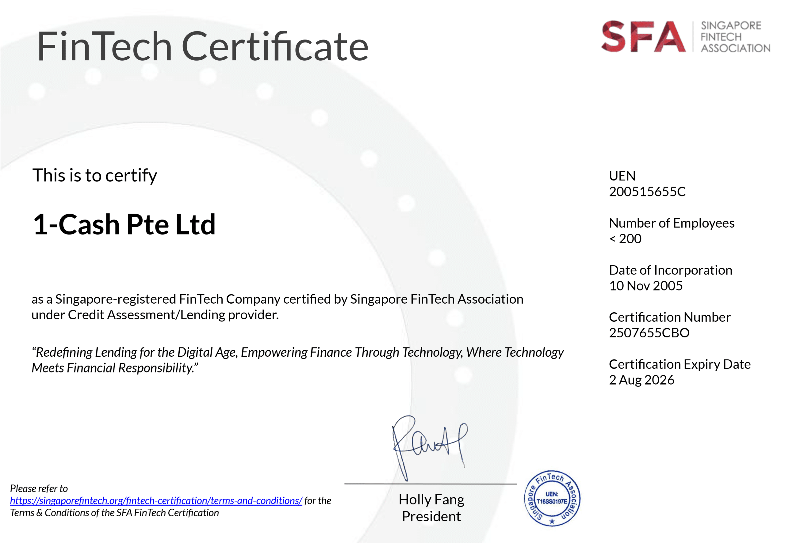 1-Cash FinTech Cert